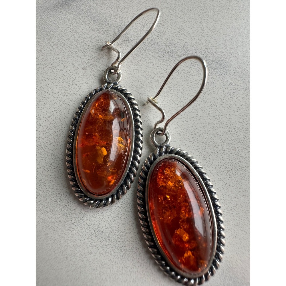 Vintage Sterling Silver Baltic Amber Oval Rope Twist Drop Earrings 925 5g
